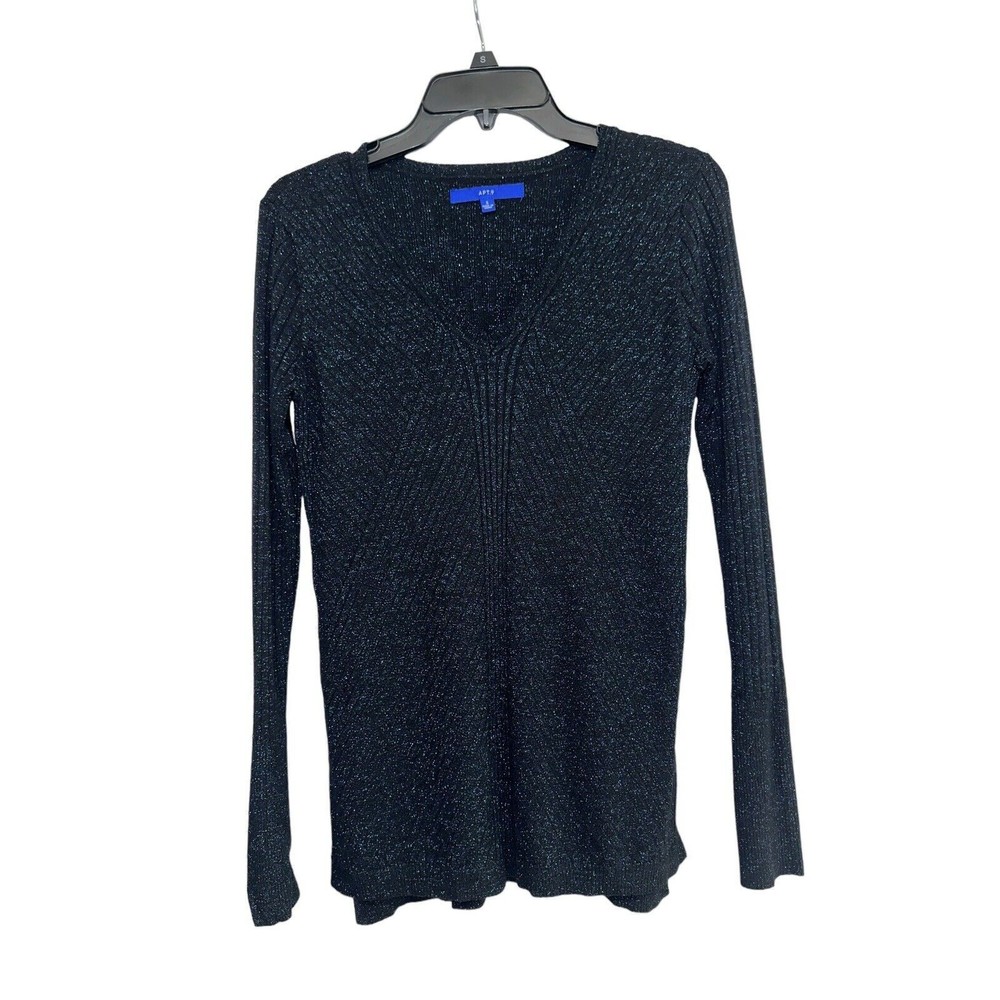 APT.9 Womens Black‎ Blue Sparkle Ribbed Knit V-Neck Long Sleeve Sweater Sz S